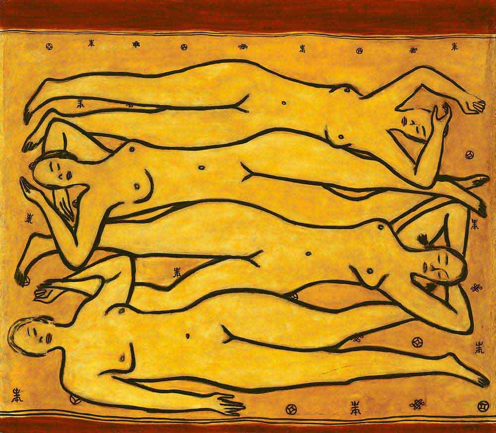 Four Nudes on a Gold Carpet by Sanyu, four outlined reclining figures stacked across a gold patterned field