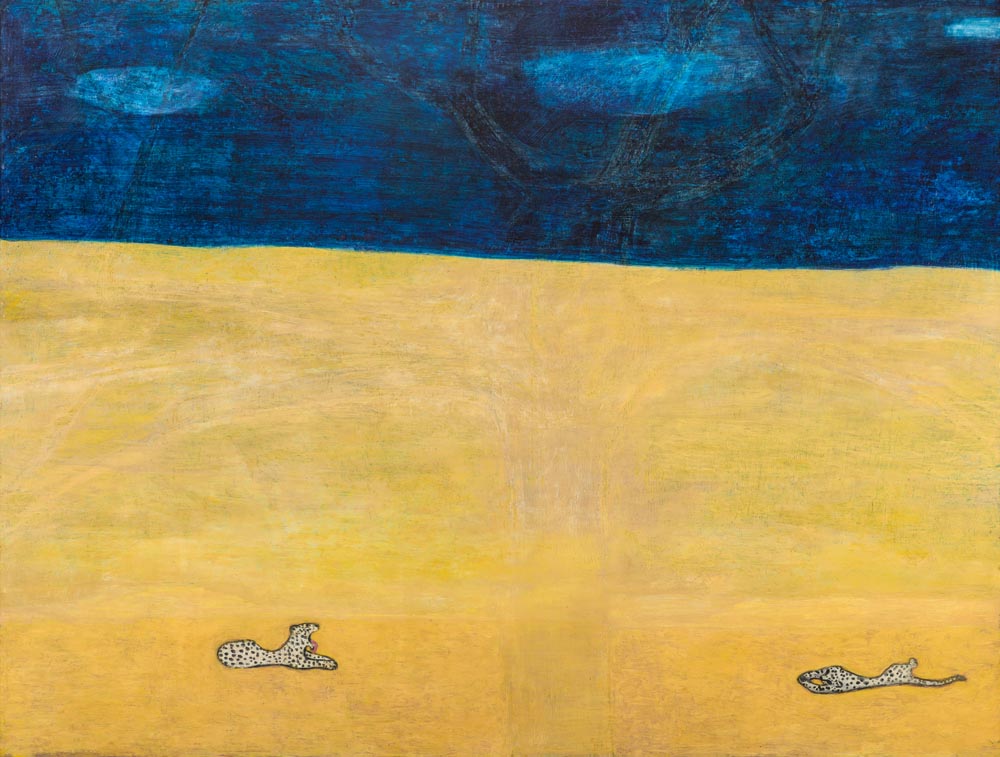 Leopards at Night by Sanyu, two tiny spotted leopards separated across a vast yellow plain beneath a deep blue sky