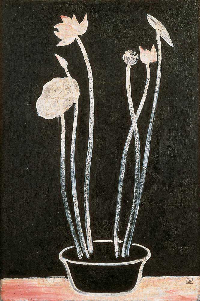 Pink and White Lotus by Sanyu, five long pale lotus stems rising from a black pot against a black field