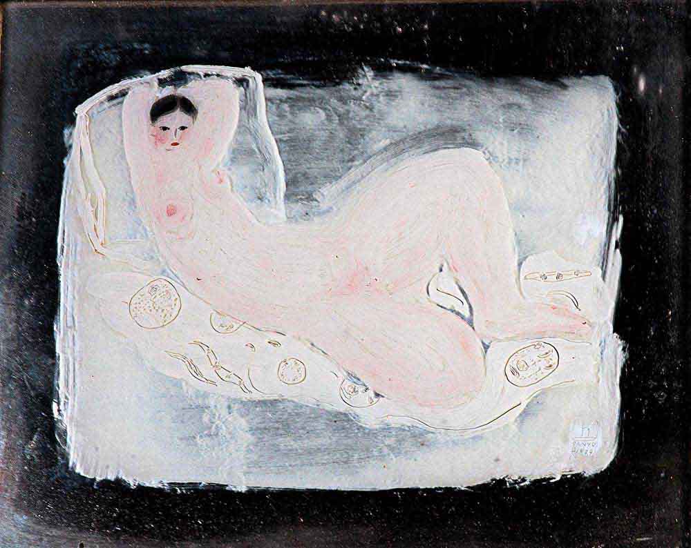 Reclining Pink Nude by Sanyu, a pale reclining figure on a patterned sheet within a black painted border
