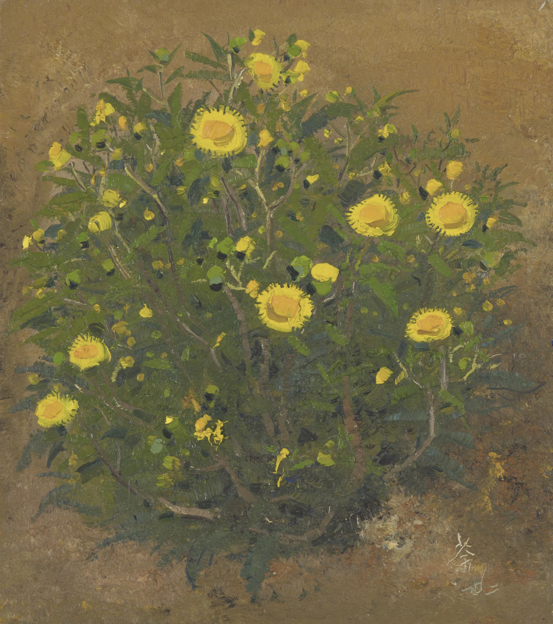 Field Chrysanthemums I by Wu Guanzhong, a dense oil study of yellow and white wildflowers in dark grasses