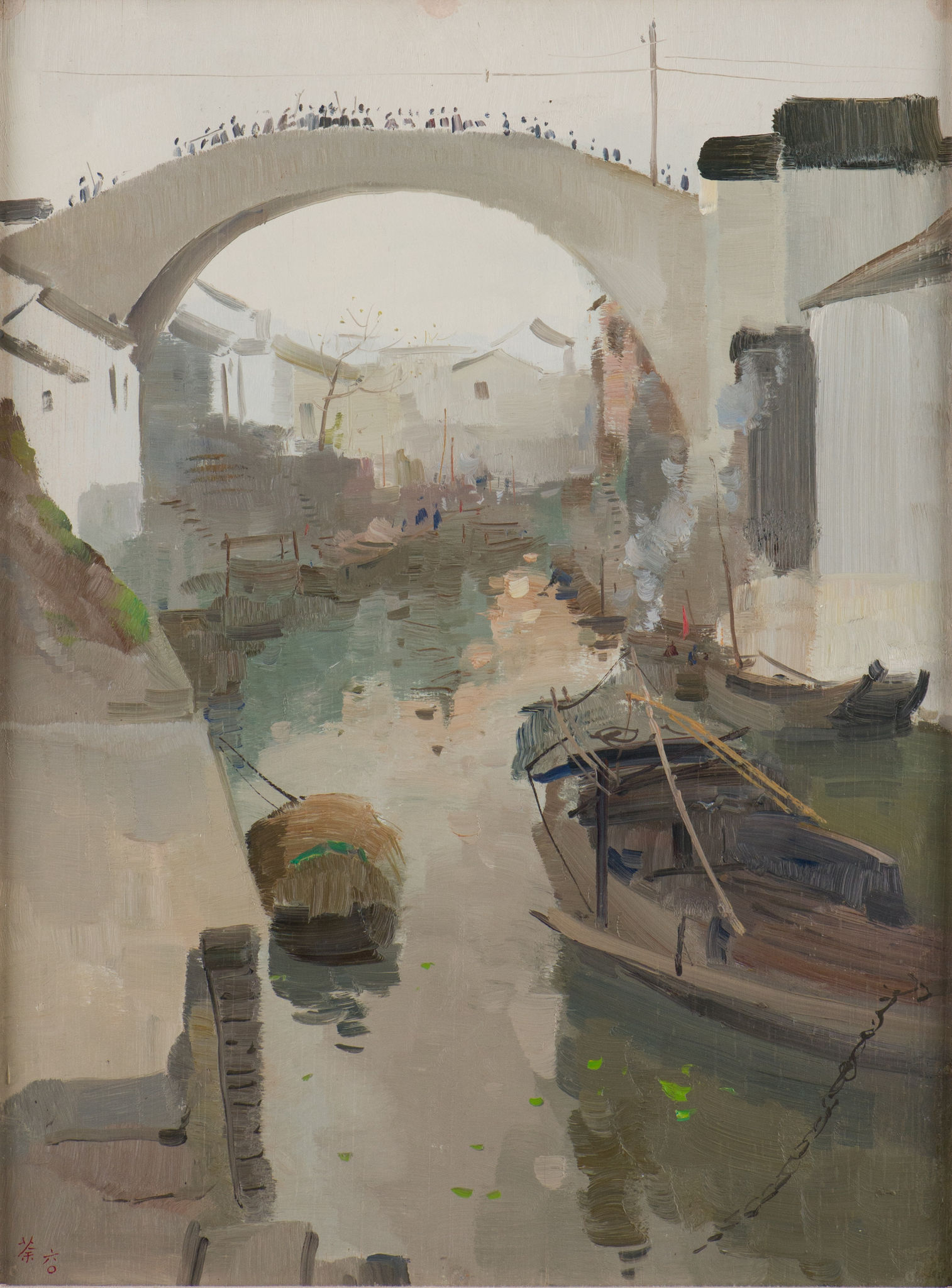 Hometown Morning by Wu Guanzhong, an oil landscape of white Jiangnan houses, trees, and reflective water