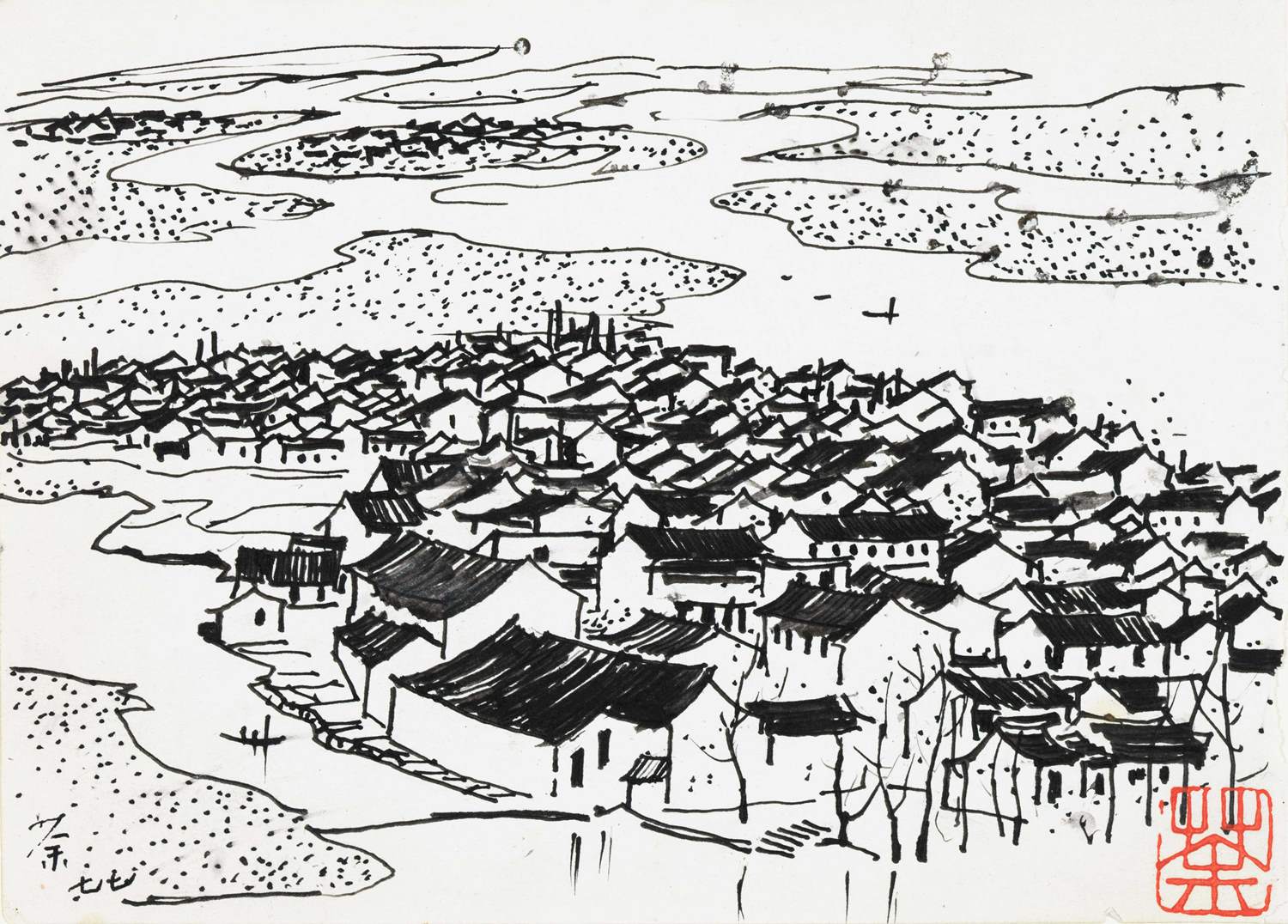 The Hometown of Lu Xun by Wu Guanzhong, an ink and colour view of white waterside houses threaded with black lines and red dots