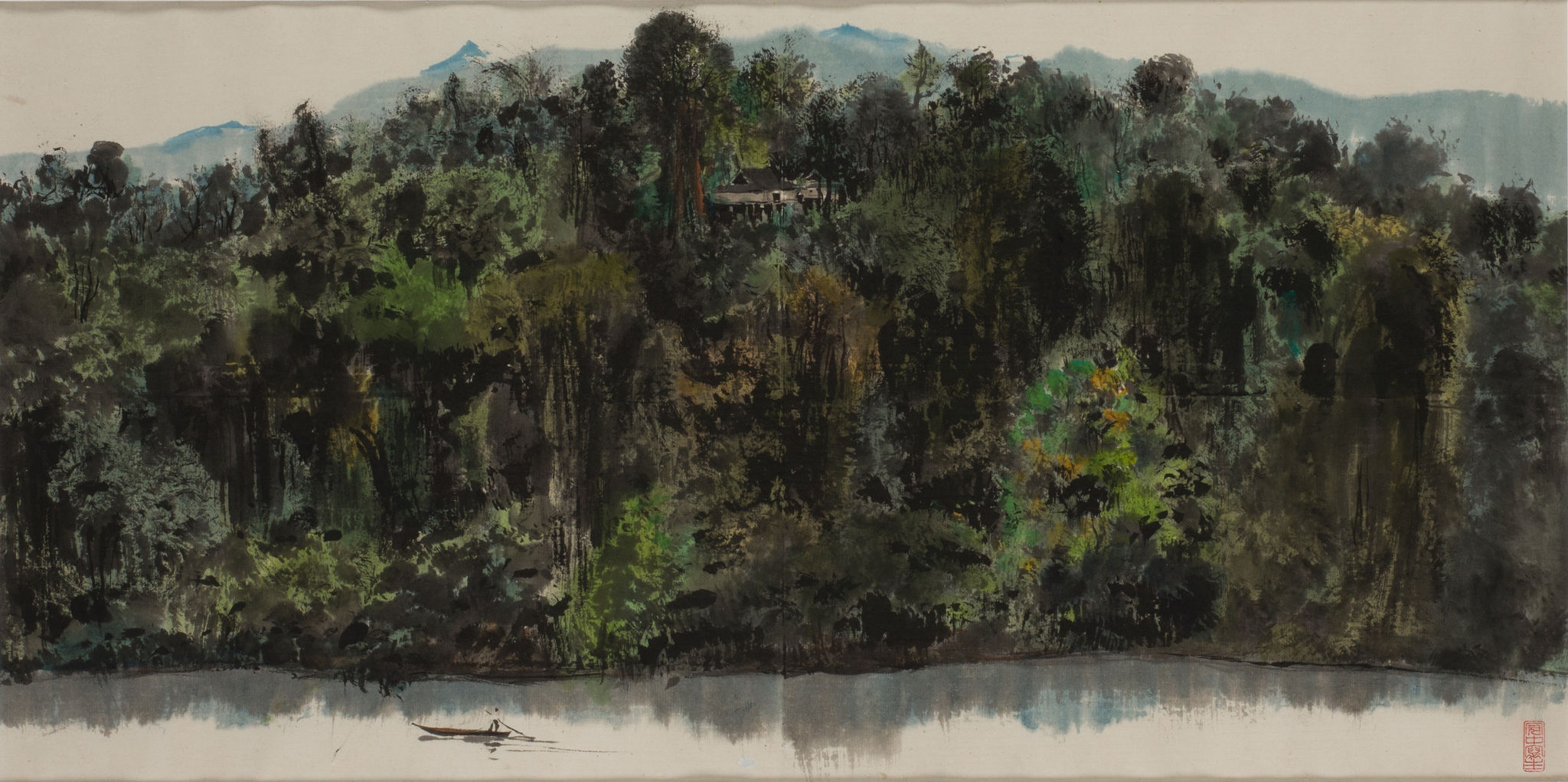 The Riverside Jungle by Wu Guanzhong, an ink and colour landscape of dense dark trees beside pale water