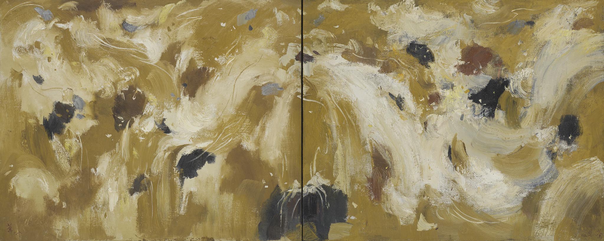 Roaring by Wu Guanzhong, a panoramic oil painting of a turbulent dark sea beneath a pale sky