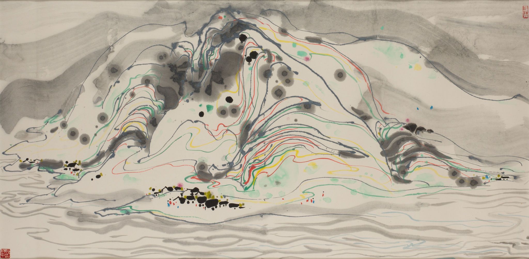 Spring Mountains in Red and Ink by Wu Guanzhong, a wide abstracted mountain landscape in black, grey, red, and yellow