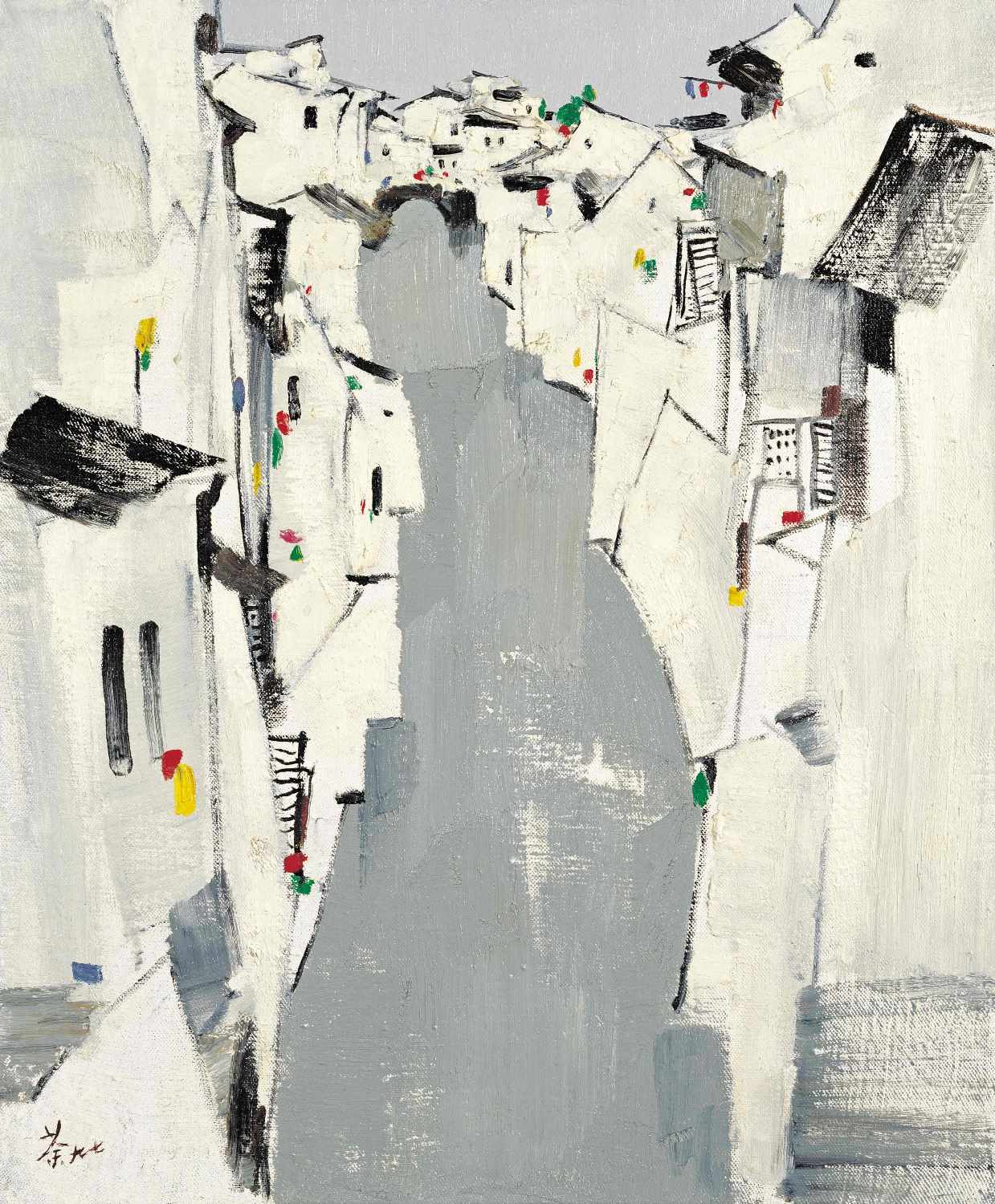 Waterway by Wu Guanzhong, an oil painting of white riverside houses mirrored in blue-grey water