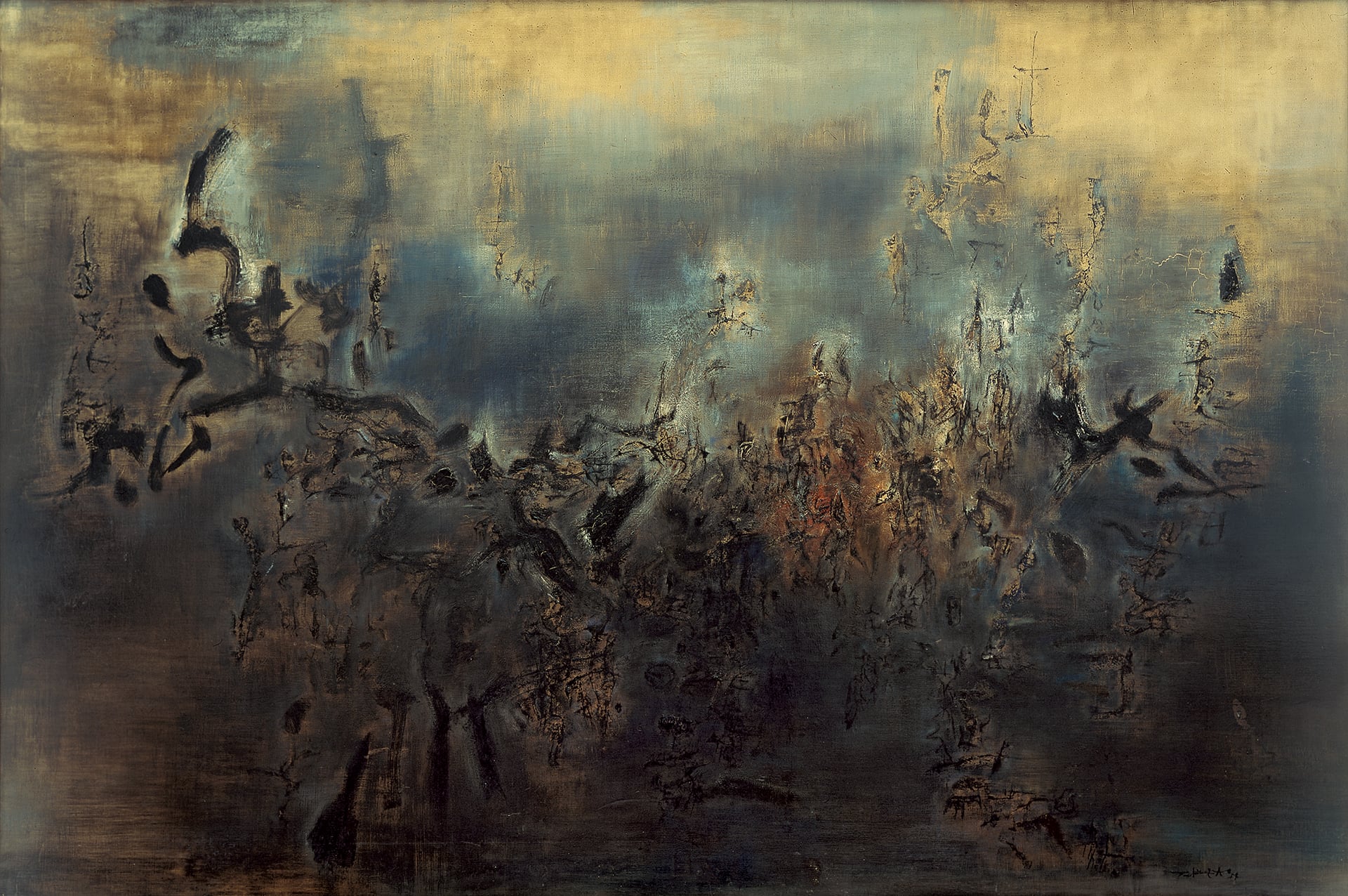 Aube by Zao Wou-Ki, a monumental blue, ochre, and black abstract field filled with floating signs