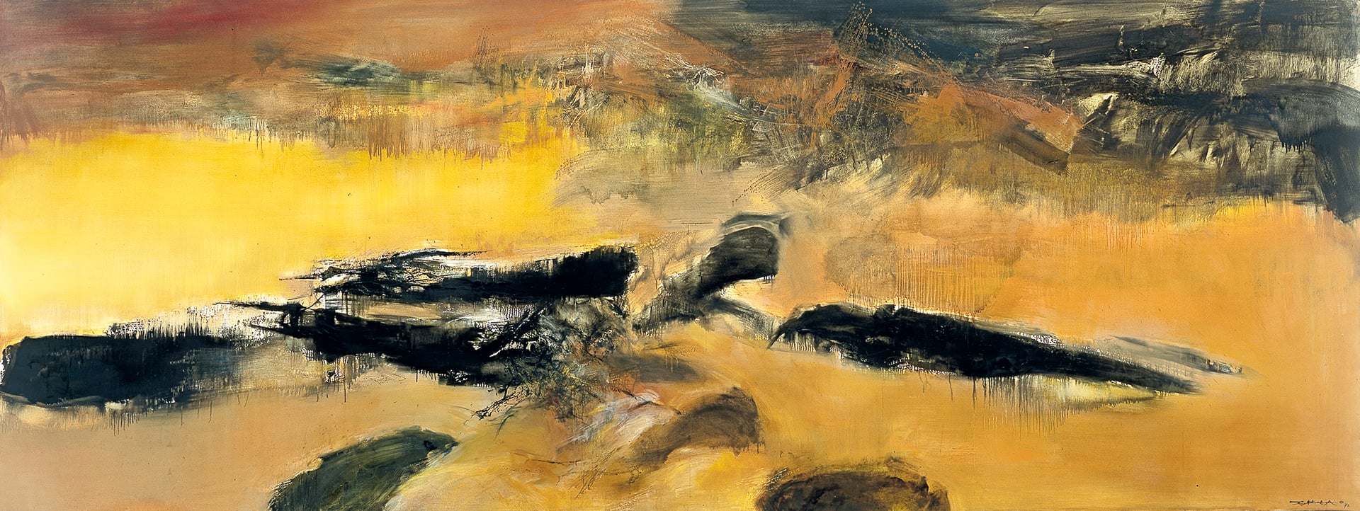 En memoire de May by Zao Wou-Ki, a very wide yellow, ochre, and black memorial painting