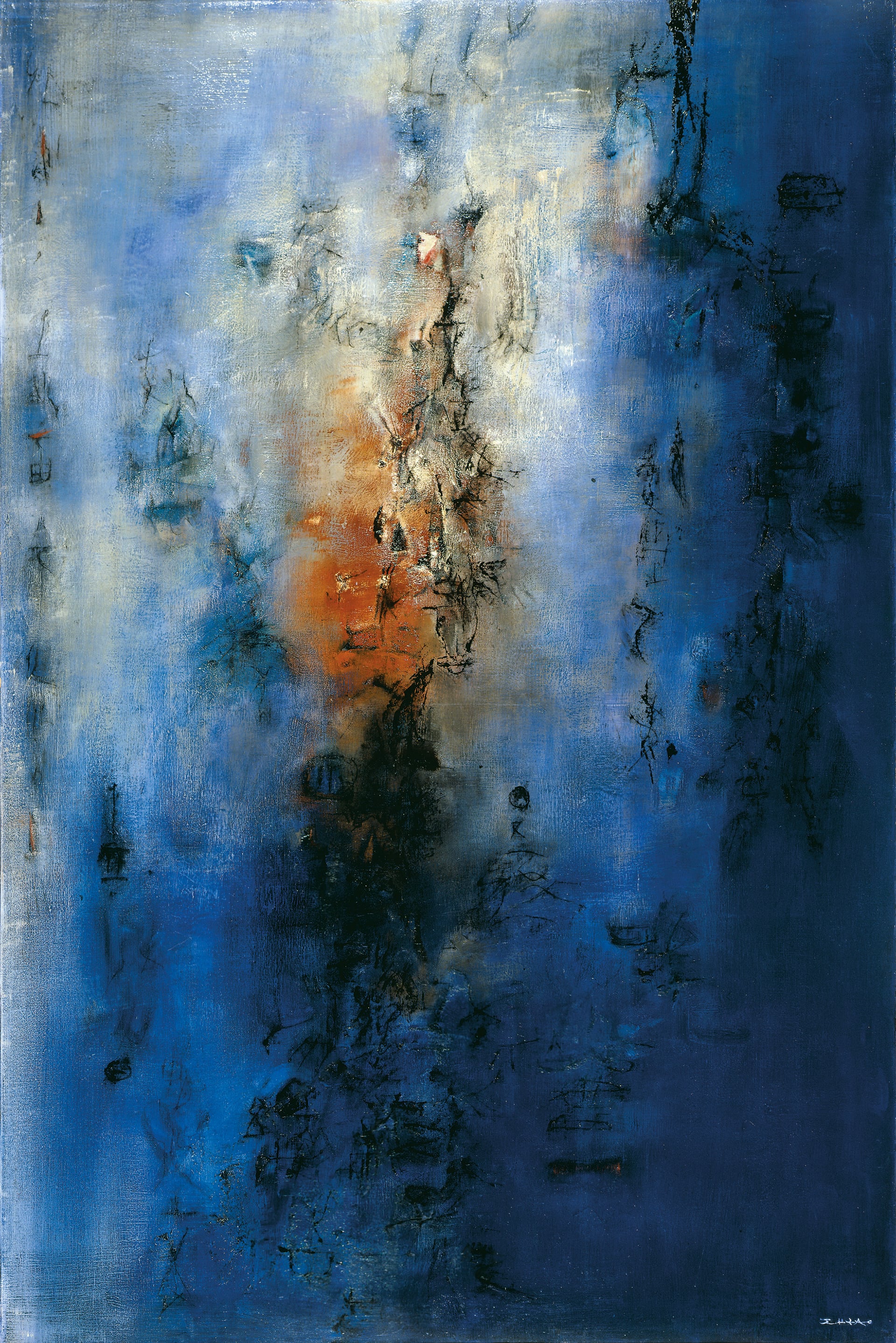 Hommage a Chu-Yun by Zao Wou-Ki, a blue vertical field with a dark center and scattered calligraphic signs