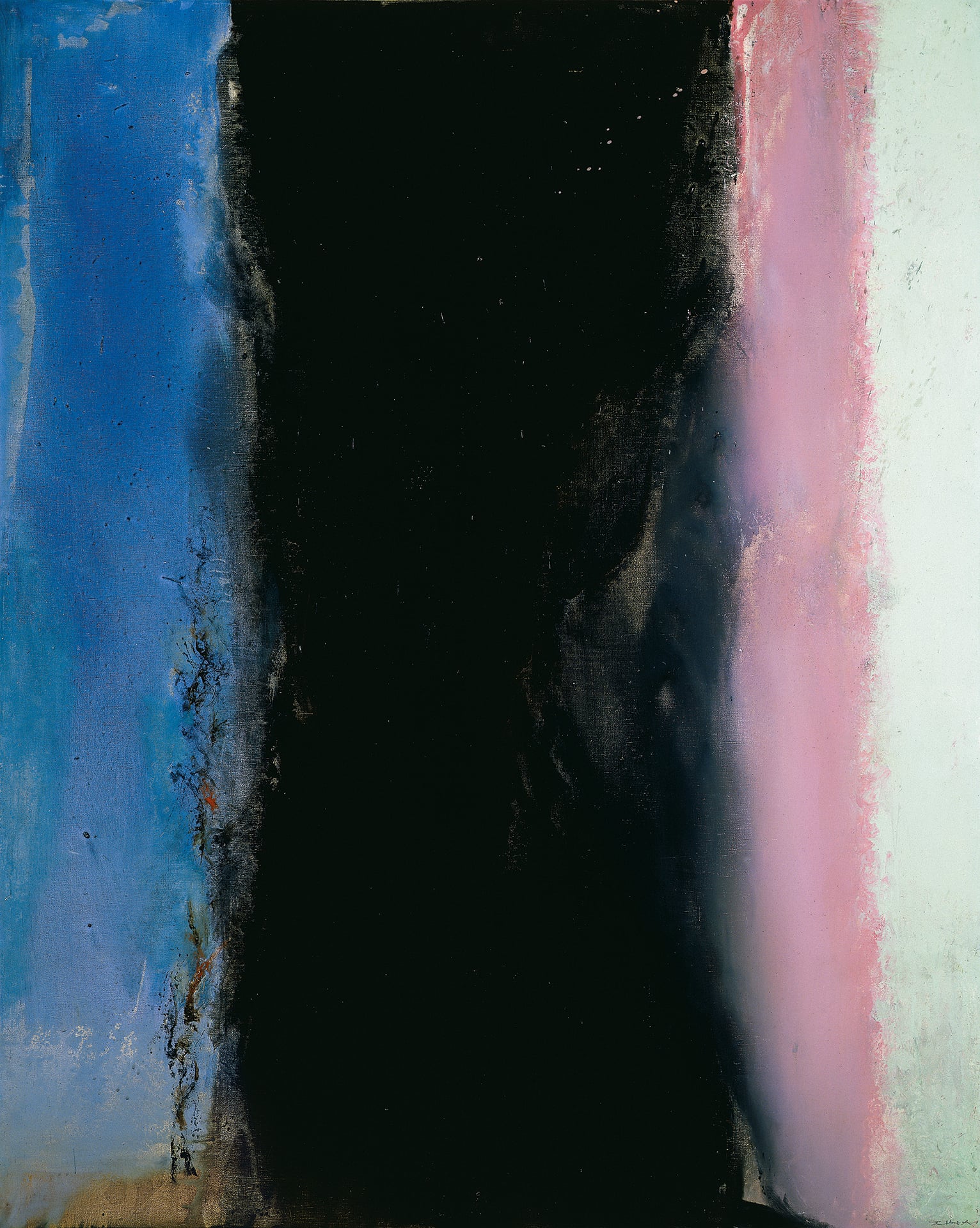 Hommage a Henri Matisse I by Zao Wou-Ki, a vertical painting with a deep black center, blue left edge, and pink-white right edge
